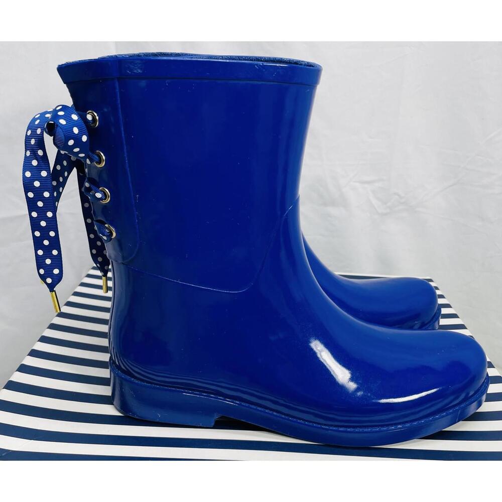 Crown & Ivy Gloss Blue Rubber Rain Boots with Polka Dot Ties LT WEAR Womens 8M - Picture 3 of 5